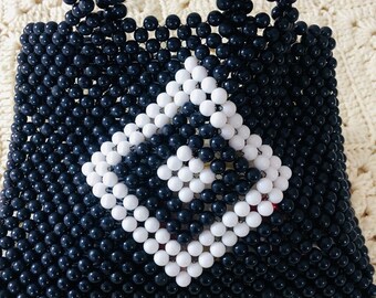 Vintage Bead Bag Navy White Balls - Etsy