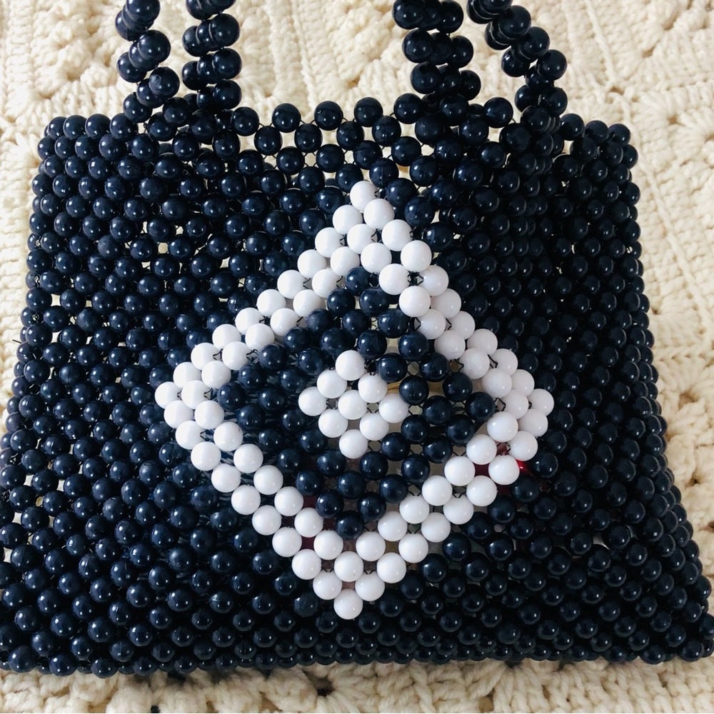 Vintage Bead Bag Navy White Balls - Etsy