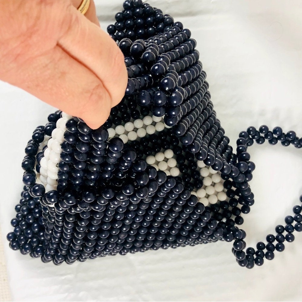Vintage Bead Bag Navy White Balls - Etsy