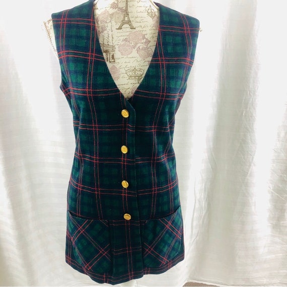 Vintage 70s Green Plaid Long Vest by Act III Poly… - image 4