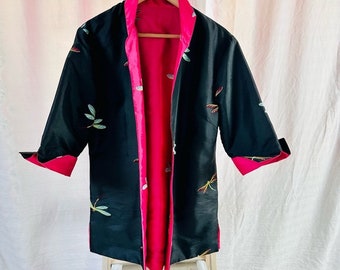 Reversible Silk Jacket Dragonfly Embroidered Black Pink Size Large