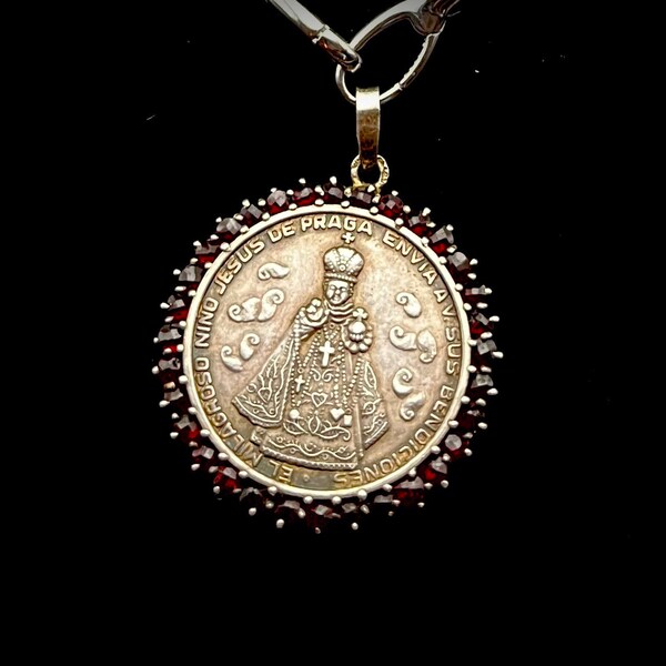 Bohemian Sterling Silver and Garnet Infant Jesus of Prague Necklace