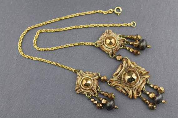 Collier Vintage Henry Perichon Années 1950 France - Pendentif Moderniste Verre Orange, Métal Doré