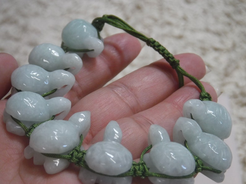 Natural Burmese Jade Adjustable 9 Turtle Bracelet on Green String for Good Health and Long Life
