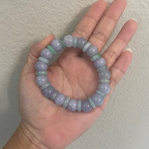 Natural Burmese Jade Grade A 11mm Light Lavender Bead Bracelet with Light Green Circular Lifesavers In Between Burma Jadeite Elastic