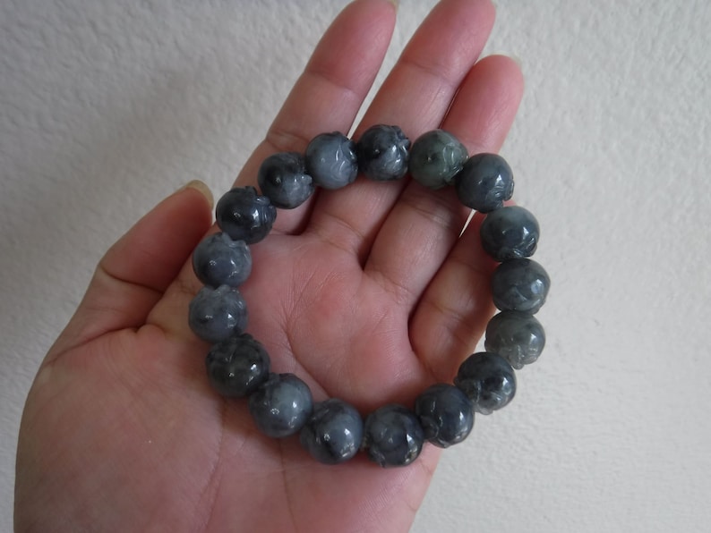 Natural Burmese Jade Carved Pomegranate Bead Bracelet Grade A Burma Jadeite Elastic Stretchable for Fertility and Generational Luck