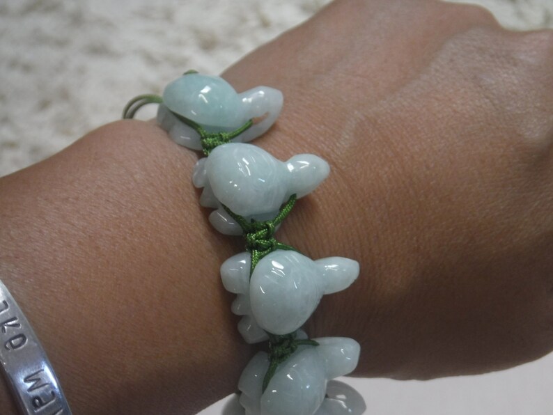 Natural Burmese Jade Adjustable 9 Turtle Bracelet on Green String for Good Health and Long Life