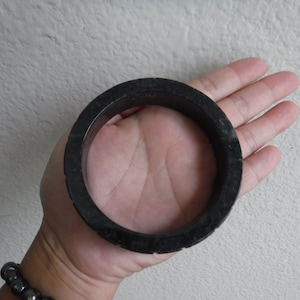 Grade A Natural Burmese Jade Bangle 65 mm Carved Dark Gray Charcoal Thick Burma Jadeite Untreated