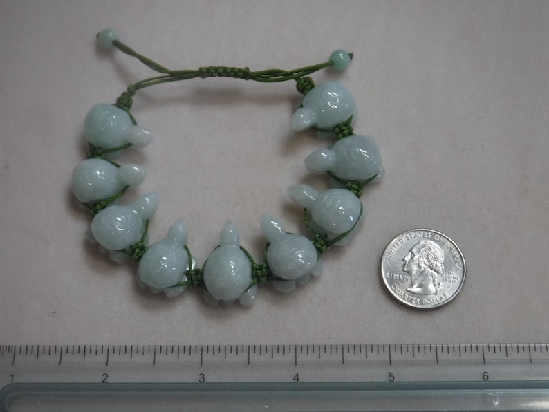 Natural Burmese Jade Adjustable 9 Turtle Bracelet on Green String for Good Health and Long Life