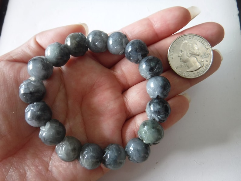 Natural Burmese Jade Carved Pomegranate Bead Bracelet Grade A Burma Jadeite Elastic Stretchable for Fertility and Generational Luck