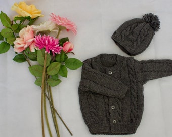 Cardigan/ Baby Sweater/ Unisex/ Handknitted/ Woollen/ Grey/ Australia/ Handmade/ Grey/ Winters/ Baby Cap/ Cap