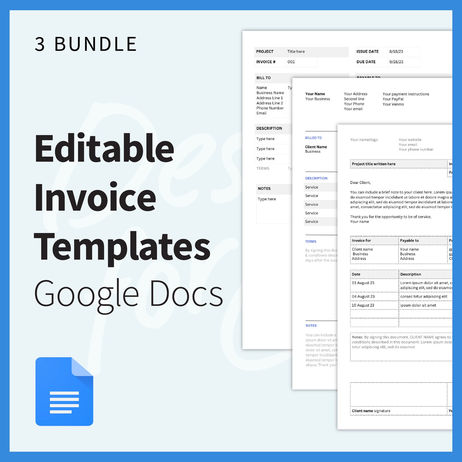 3 Google Docs Invoice Templates Editable Instant Digital Downloads ...