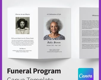 Editable Canva Simple Funeral Program Template Digital Download | Image Bi-Fold Memorial Pamphlet | Printable Customizable Order of Service