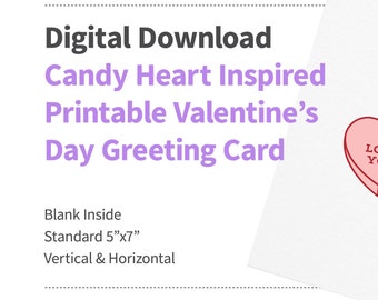 Valentine's Day Card, instant digital download, print at home, red candy heart i love you