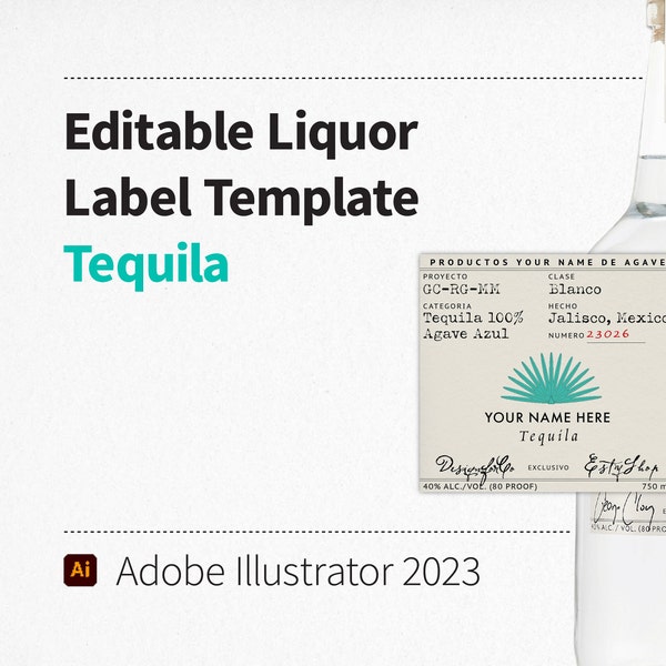 Modèle d'étiquette de bouteille d'alcool personnalisé modifiable, Blanc Tequila, Adobe Illustrator