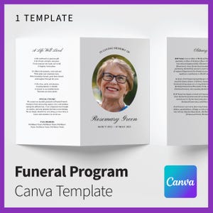 May include: A funeral program template with a photo of Rosemary Green, born October 6, 1952, and passed away May 7, 2023. The program includes text that reads "A Life Well Lived" and "In Loving Memory Of". The Canva logo is in the bottom right corner.