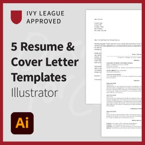 5 plantillas de currículum y carta de presentación para ilustradores de Harvard. Profesionales, claras, editables, descarga digital instantánea, Adobe Creative