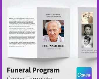 Editable Canva Simple Funeral Program Template Digital Download | Images Bi-Fold Memorial Pamphlet | Printable Customizable Order of Service