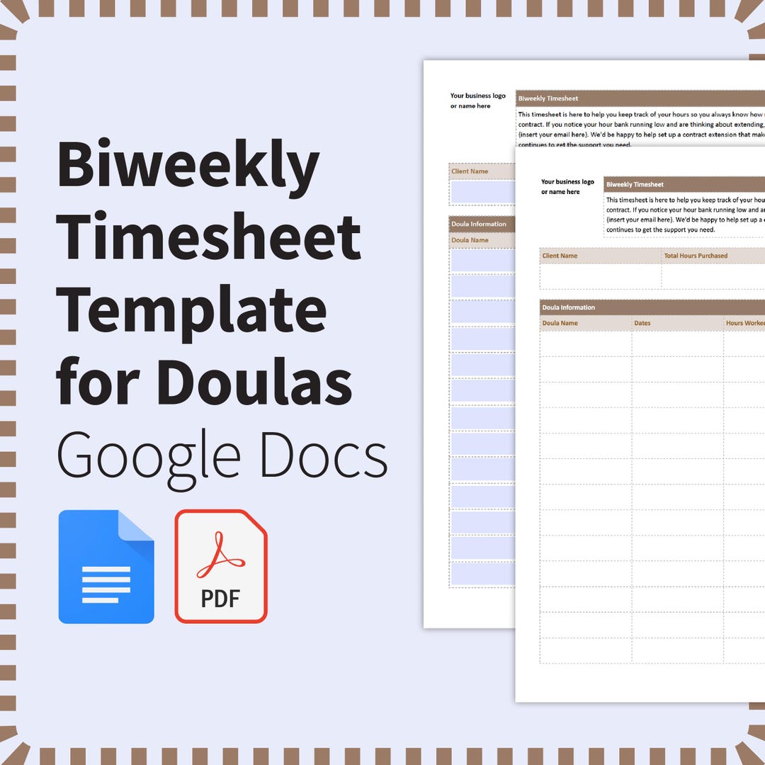 2 Tan Custom Biweekly Timesheet Templates for Doulas. Editable Google ...