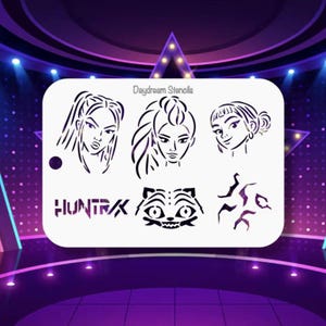 May include: White stencil with three female face designs, a tiger face, and abstract shapes. The text "Daydream Stencils" is at the top, and "HUNTRAX" is at the bottom. The stencil is on a purple background.
