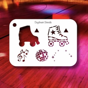 May include: White stencil with roller skate, musical note, disco ball, and star designs. The stencil includes the text "Daydream Stencils". The roller skates are in silhouette form, one with a star.
