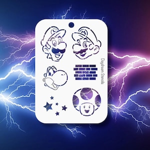 May include: White stencil featuring Mario and Yoshi characters, a brick pattern, a mushroom, and stars. The stencil has a hole at the top for hanging. The text "Daydream Stencils" is printed on the side. The background is a gradient of blue and purple with lightning.