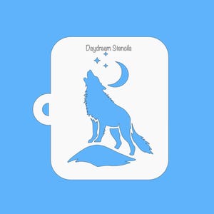May include: White stencil of a wolf howling at the moon with stars above. The stencil is labeled "Daydream Stencils".