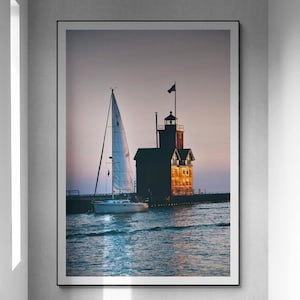 Holland Light Sunset Sail Photography Print Coastal Michigan Beach Photography Fine Art Poster Sunset Photography Wall Print By Jessica Joy