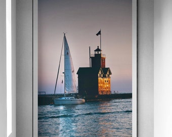 Holland Light Sunset Sail Photography Print Coastal Michigan Beach Photography Fine Art Poster Sunset Photography Wall Print By Jessica Joy