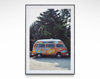 Summer Vintage Flower Van Fine Art Print - Hippie Van Photography Retro Poster Classic Camper Wall Art Car Print