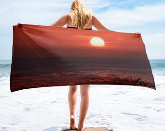 Tropische zon strandhanddoek surfen zonsondergang woondecoratie vintage kust kunsthanddoek door Jessica Joy