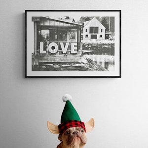 May include: A black and white photograph of a building with the word "LOVE" in large letters on the side. A French bulldog wearing a green elf hat and red and black plaid shirt is looking up at the photo.
