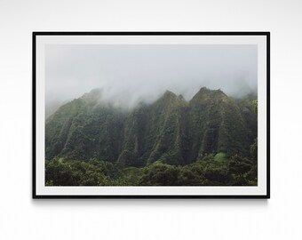Oahu Foggy Mountains Photography Print Hawaii Mountain Landscape Fine Art Poster Hawaiian Tropical Rainforest Photography Home Wall Decor