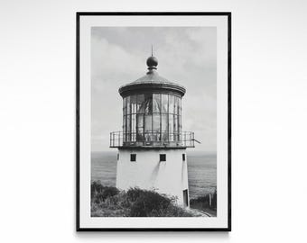 Makapuu Point Lighthouse Fine Art Print | Island Of Oahu Wall Art Black & White Poster Coastal Photography Hawaii Lighthouse Wall Decor