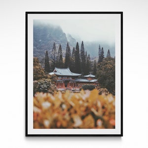 Póster de fotografía de templo de Buda hawaiano, póster de arte fino de Hawaii, decoración de pared del hogar del templo de Oahu, impresión de pared de fotografía de templo hawaiano Zen