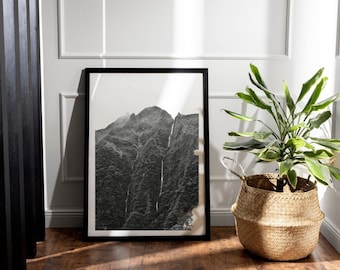 Haunting Oahu Mountains Fine Art Print | Black & White Landscape Poster Minimalist Tropical Hawaii Home Decor