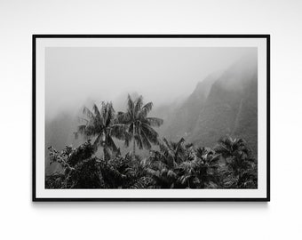 Tropical Vintage Palms Photography Print Black & White Hawaii Fine Art Poster Tropical Mountain Photography Home Decor Print Palm Tree Art