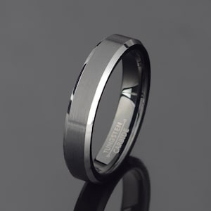 Black Tungsten Wedding Ring: Brushed Flat Surface, Polished Beveled Edges