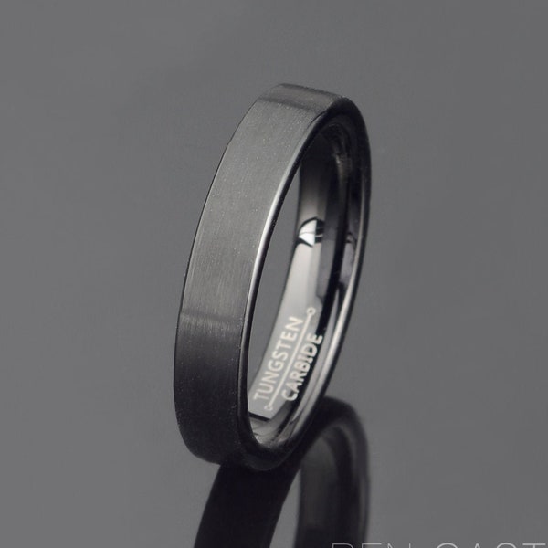 Black Tungsten Ring 4mm width Flat Tungsten Band Brushed Wedding Ring Mens Wedding Band Ring Personalized Ring Free Laser Engraving
