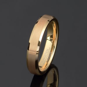 4mm Yellow Gold Tungsten Ring: Brushed Flat Band, Beveled Edge, Free Engraving