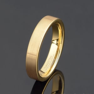 Brushed Yellow Gold Tungsten Wedding Band - 4mm Flat Ring, Personalized Engraving