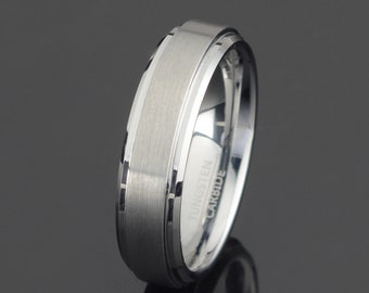 Brushed Gray Tungsten Wedding Band: Polished Beveled Edge, 6mm, Free Engraving