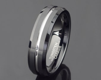 Black Tungsten Grooved Wedding Band - 6mm Beveled Ring, Free Engraving