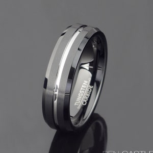 Black Tungsten Grooved Wedding Band - 6mm Beveled Ring, Free Engraving