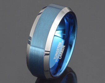 Alliance bleue en tungstène : anneau brossé de 8 mm, gravure gratuite