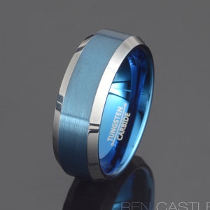 Blue Tungsten Wedding Band Mens Wedding Ring 8mm Ring Mens Gift Ring Brushed band Mens Wedding Band Personalized Ring Free Laser Engraving