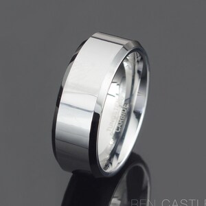 Gray Tungsten Wedding band Polished Tungsten Ring Polished Mens Wedding Band Mens Gift 8mm beveled Ring Free Laser Engraving