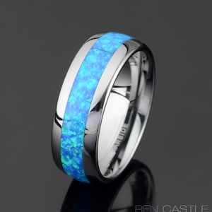 Domed Tungsten Wedding Band: Blue Opal Inlay, 8mm, Free Engraving