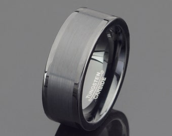 Brushed Black Tungsten Ring: 8mm Flat Wedding Band, Free Engraving