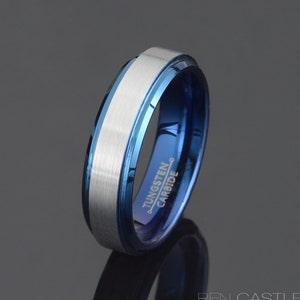 Blue Tungsten Wedding Band: Brushed Matte Ring, 6mm (Free Engraving)